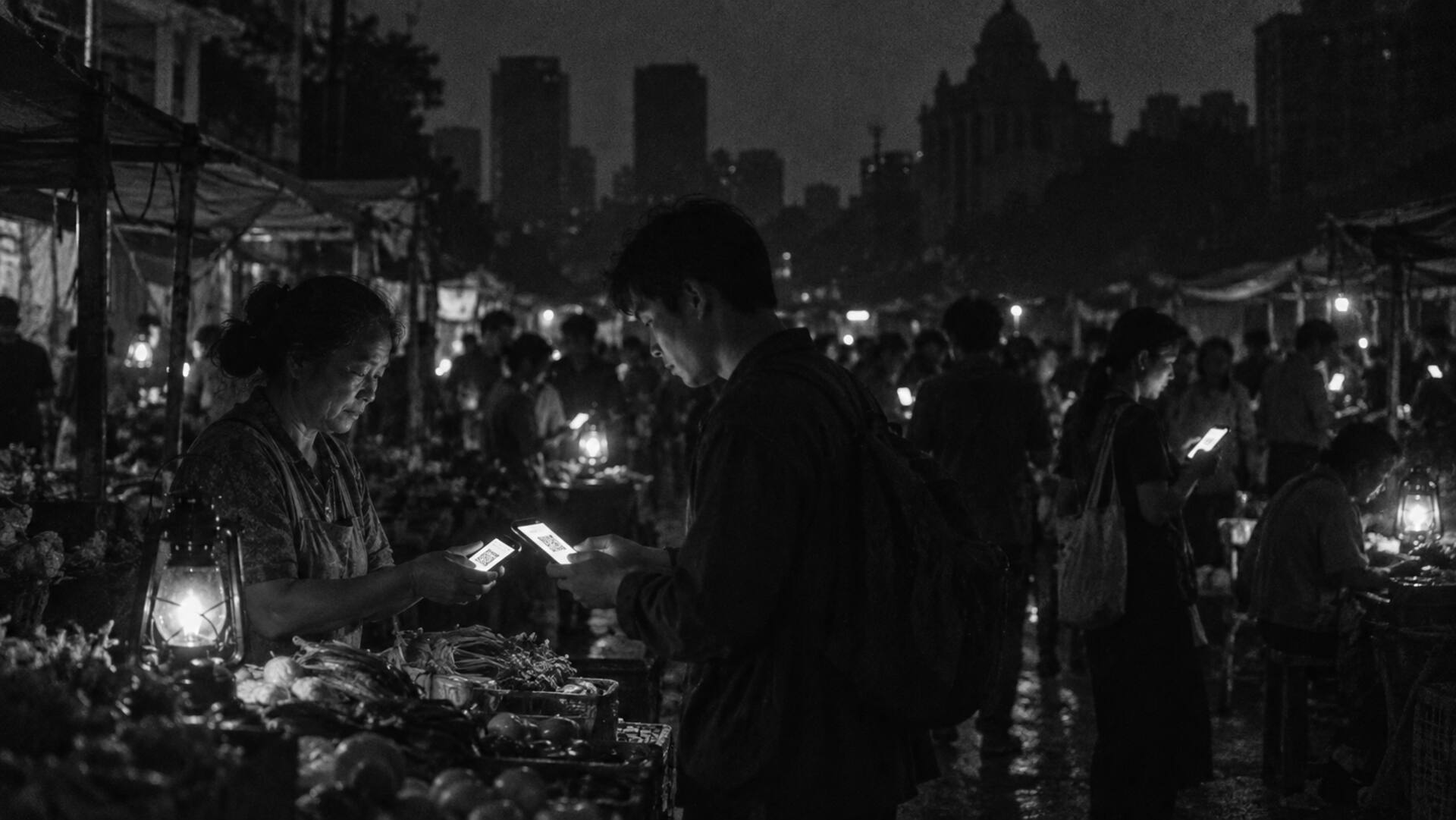 A night market during a blackout; two people exchange a payment with their phones